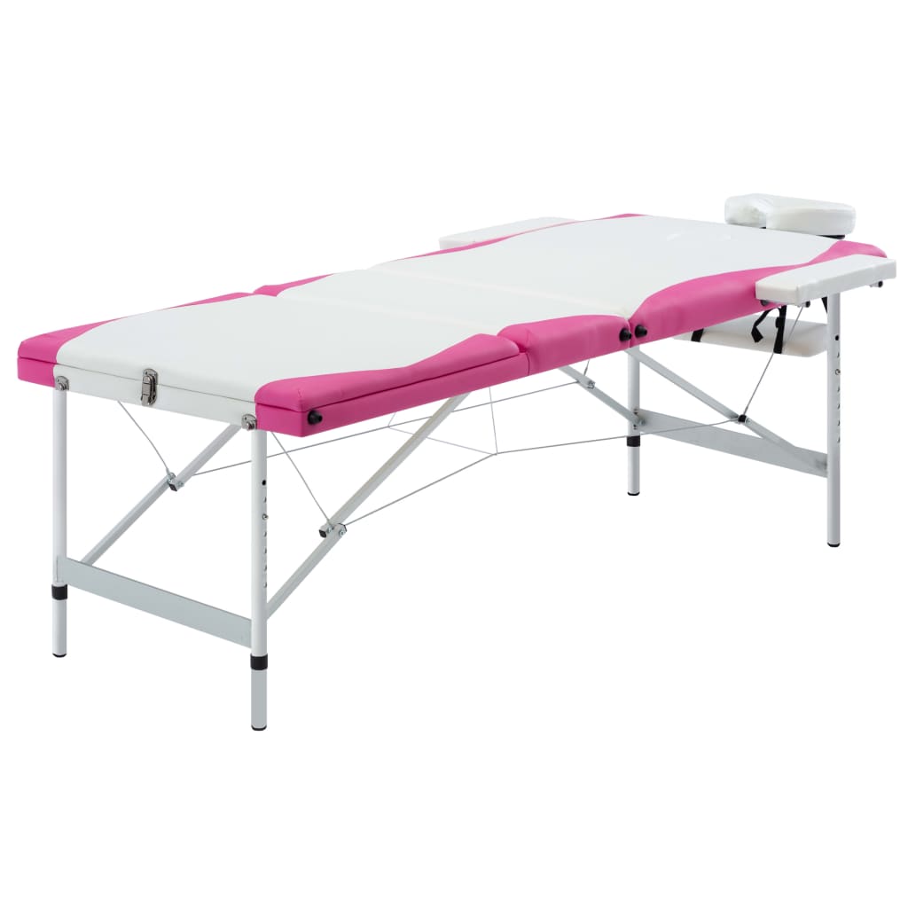 Table de massage pliable 3 zones Aluminium Blanc et rose