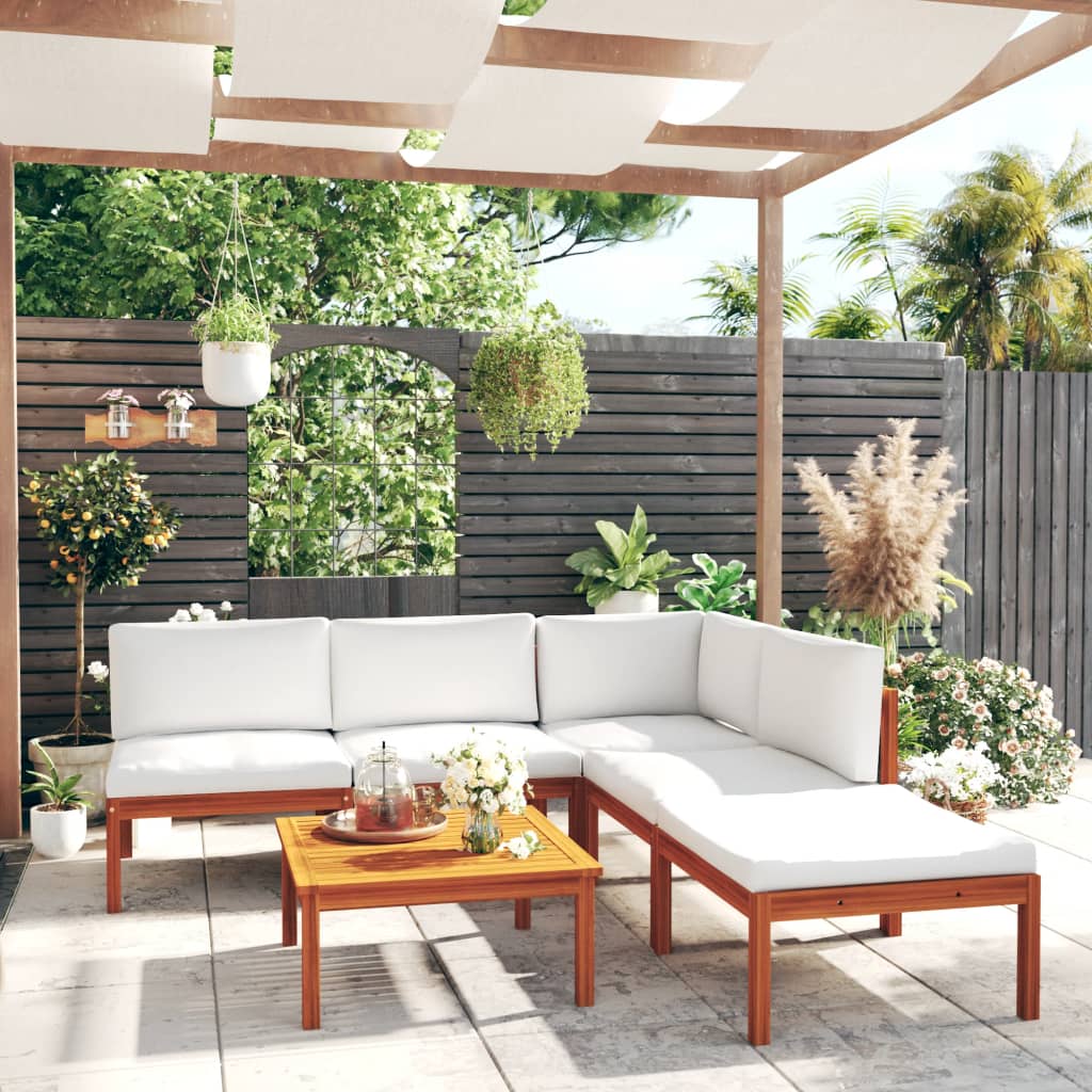 Salon de jardin 6 pcs avec coussins Crème Bois d'acacia solide