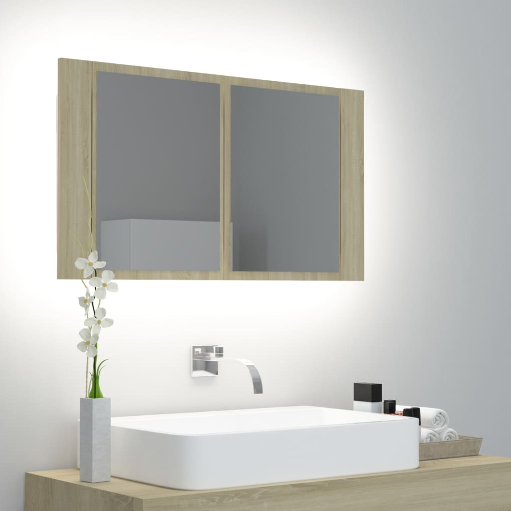 Armoire de salle de bain à miroir à LED Chêne sonoma 80x12x45cm