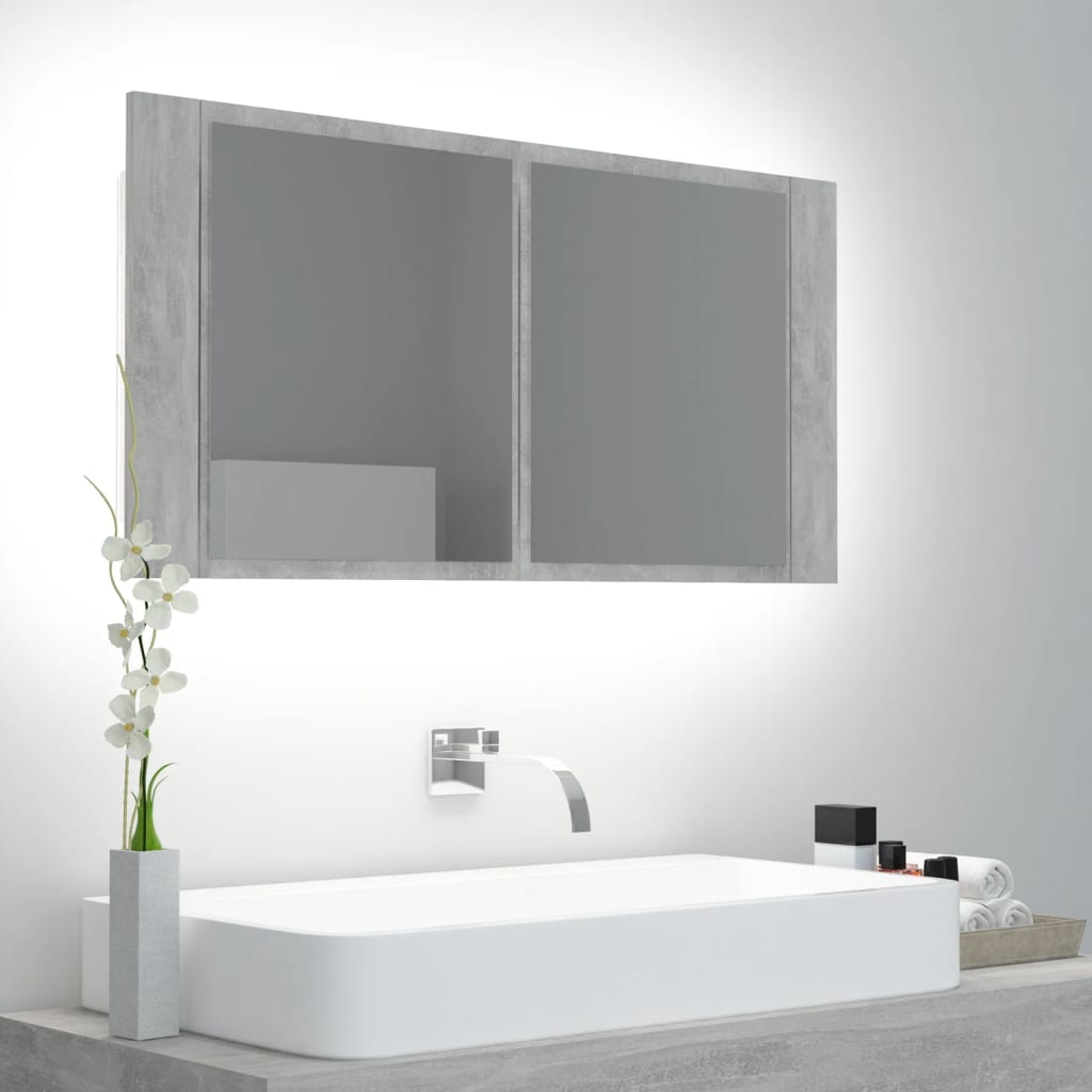 Armoire de salle de bain à miroir à LED Gris béton 90x12x45 cm