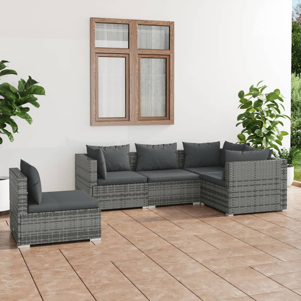 Salon de jardin 5 pcs avec coussins Résine tressée Gris