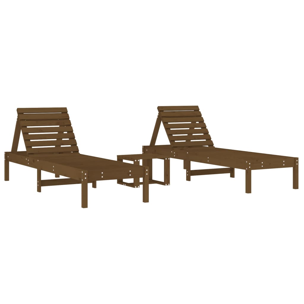 Chaises longues 2 pcs avec table brun miel bois massif de pin