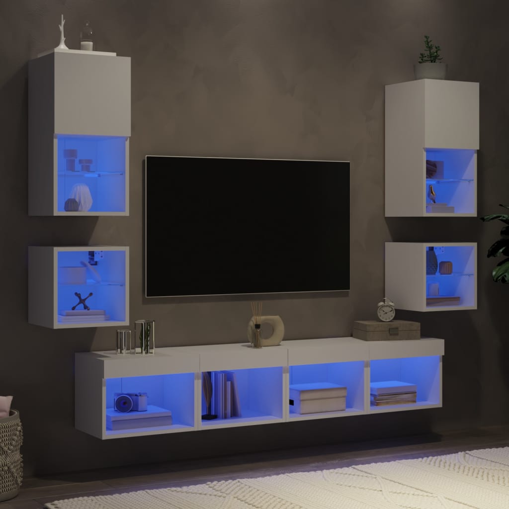 Unités murales TV avec LED 8 pcs blanc bois d'ingénierie