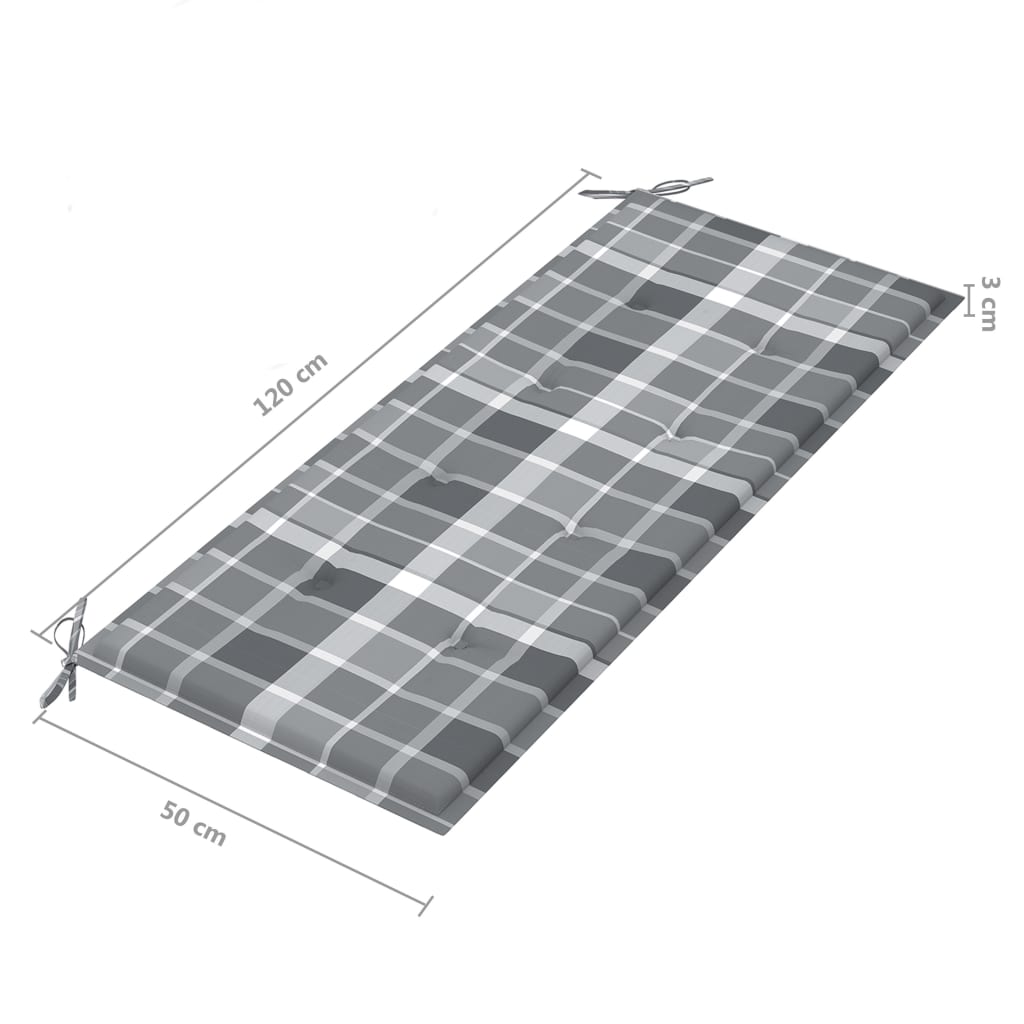 Banc Batavia avec coussin à carreaux gris 120 cm Bois de teck