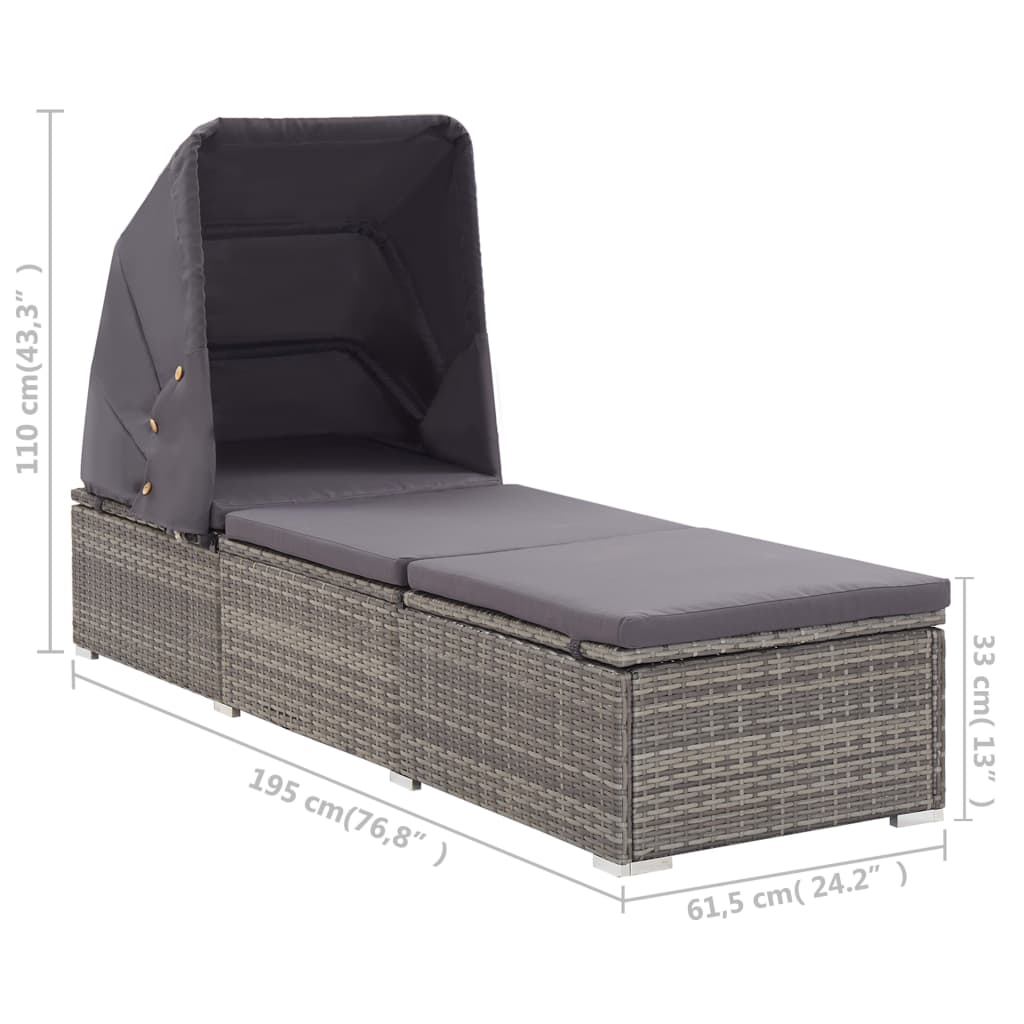 Chaise longue avec auvent et coussin Résine tressée Gris