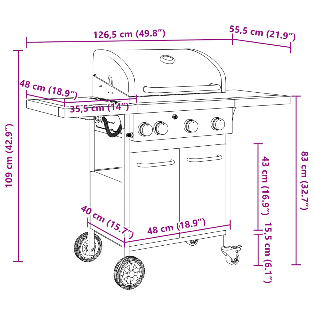 Barbecue gril à gaz avec 4 brûleurs noir acier enduit de poudre