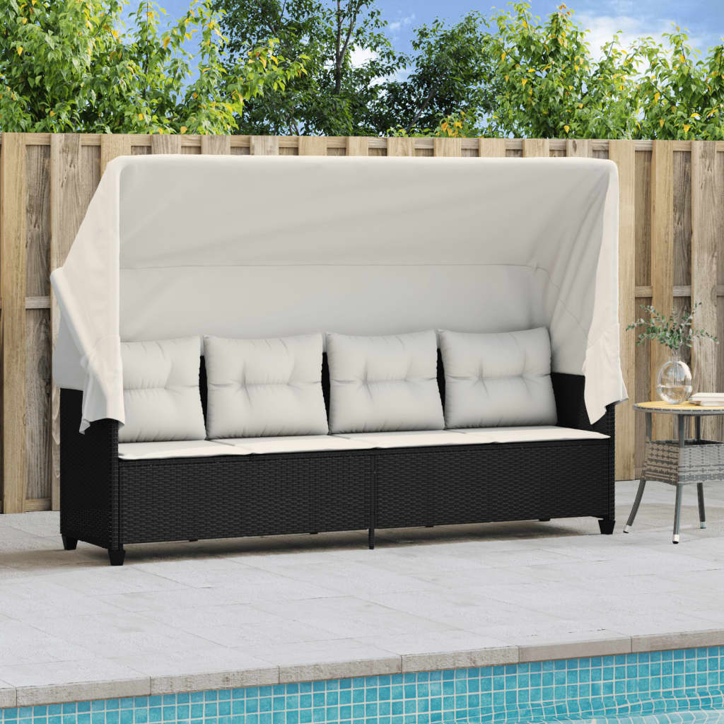 Chaise longue avec auvent et coussins noir résine tressée
