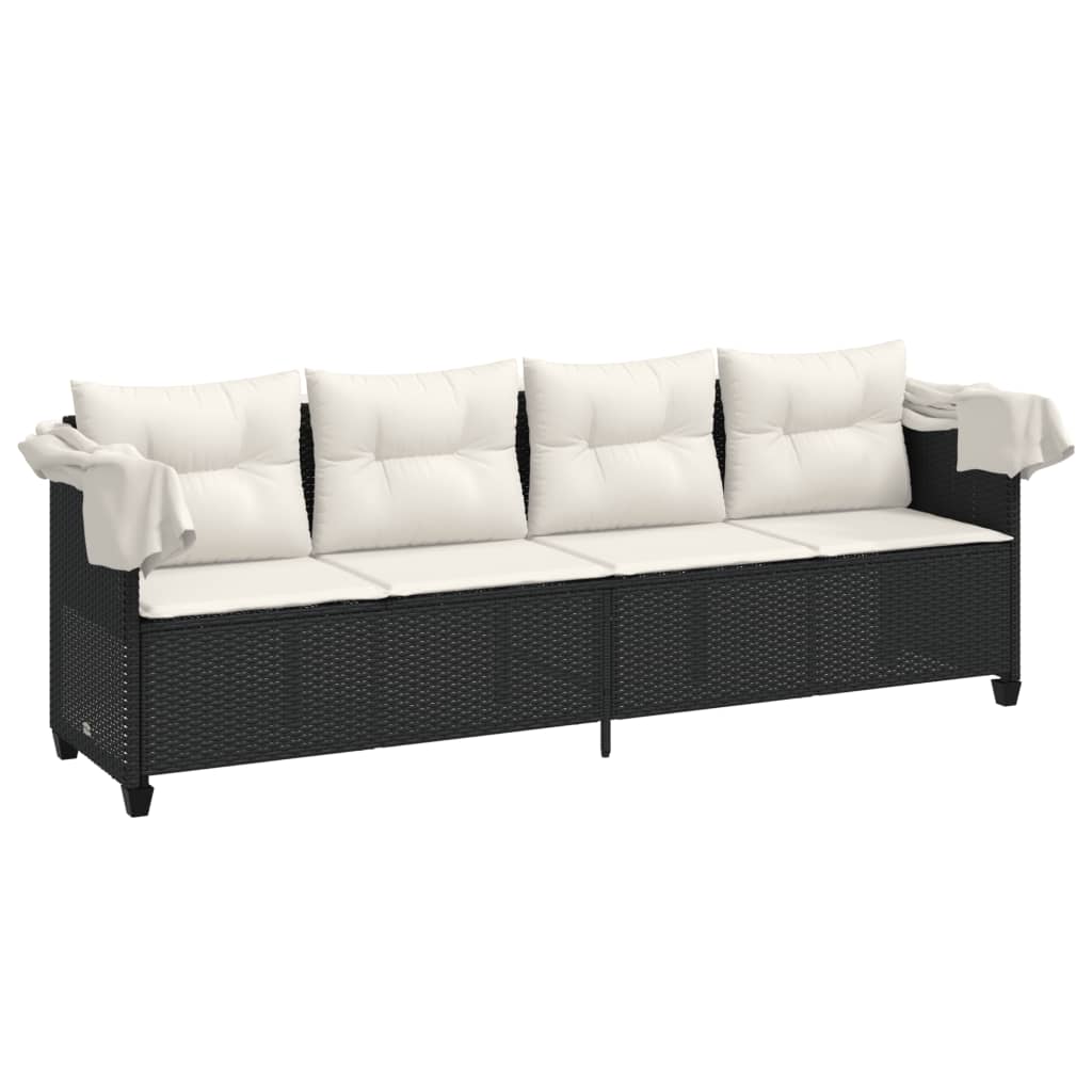 Chaise longue avec auvent et coussins noir résine tressée