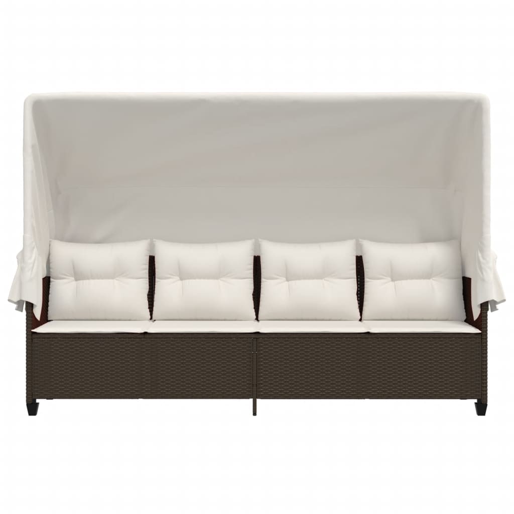 Chaise longue avec auvent et coussins marron résine tressée