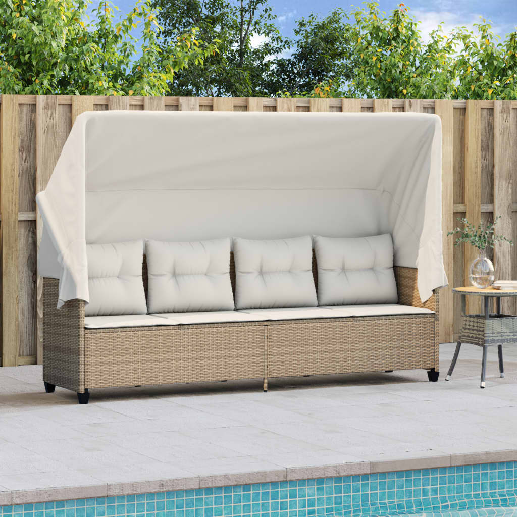 Chaise longue avec auvent et coussins beige résine tressée