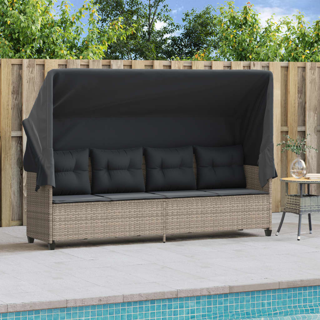 Chaise longue avec auvent et coussins gris clair résine tressée