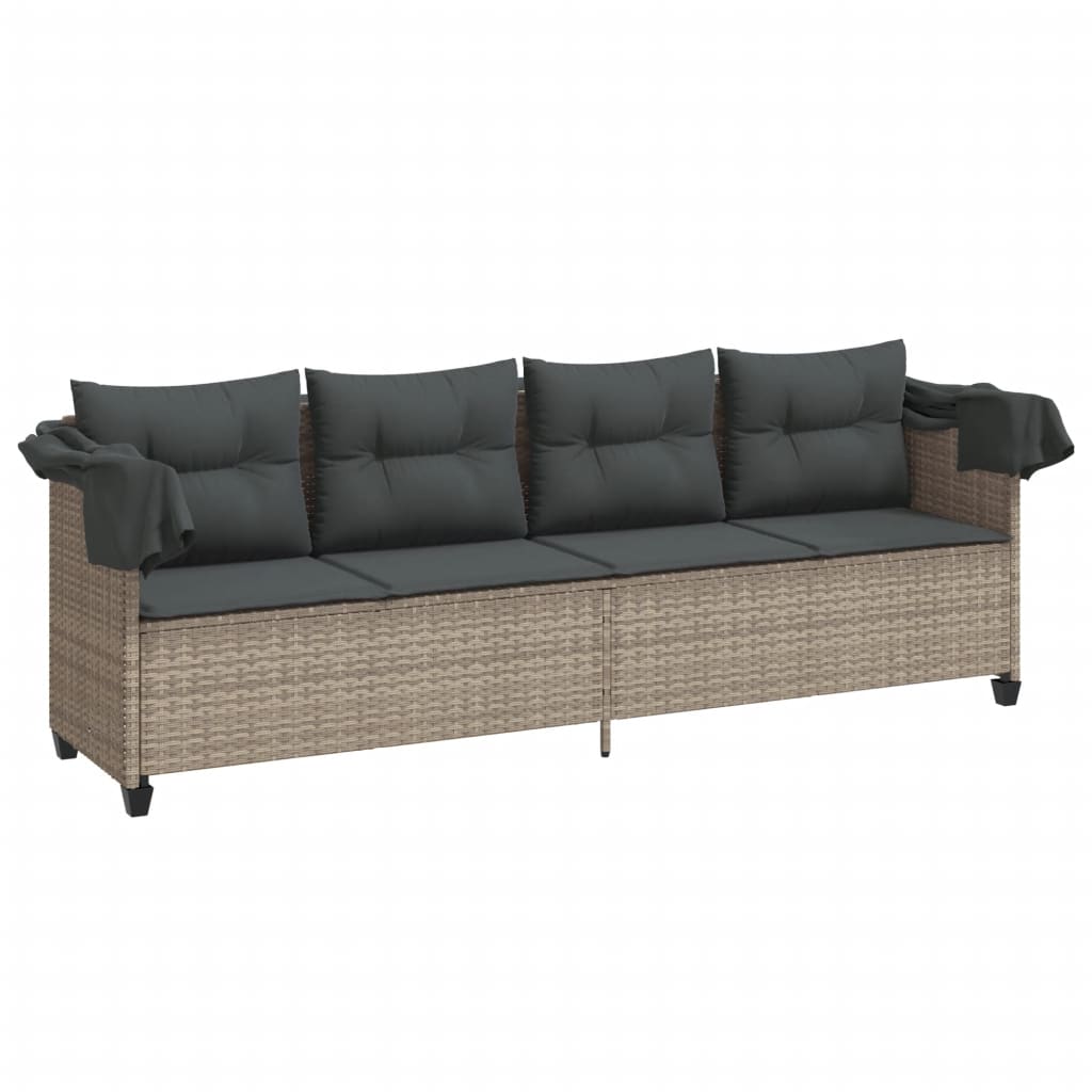 Chaise longue avec auvent et coussins gris clair résine tressée