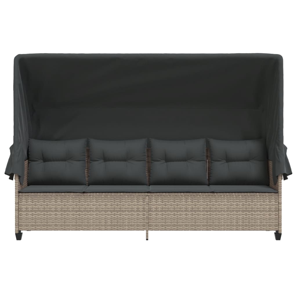 Chaise longue avec auvent et coussins gris clair résine tressée