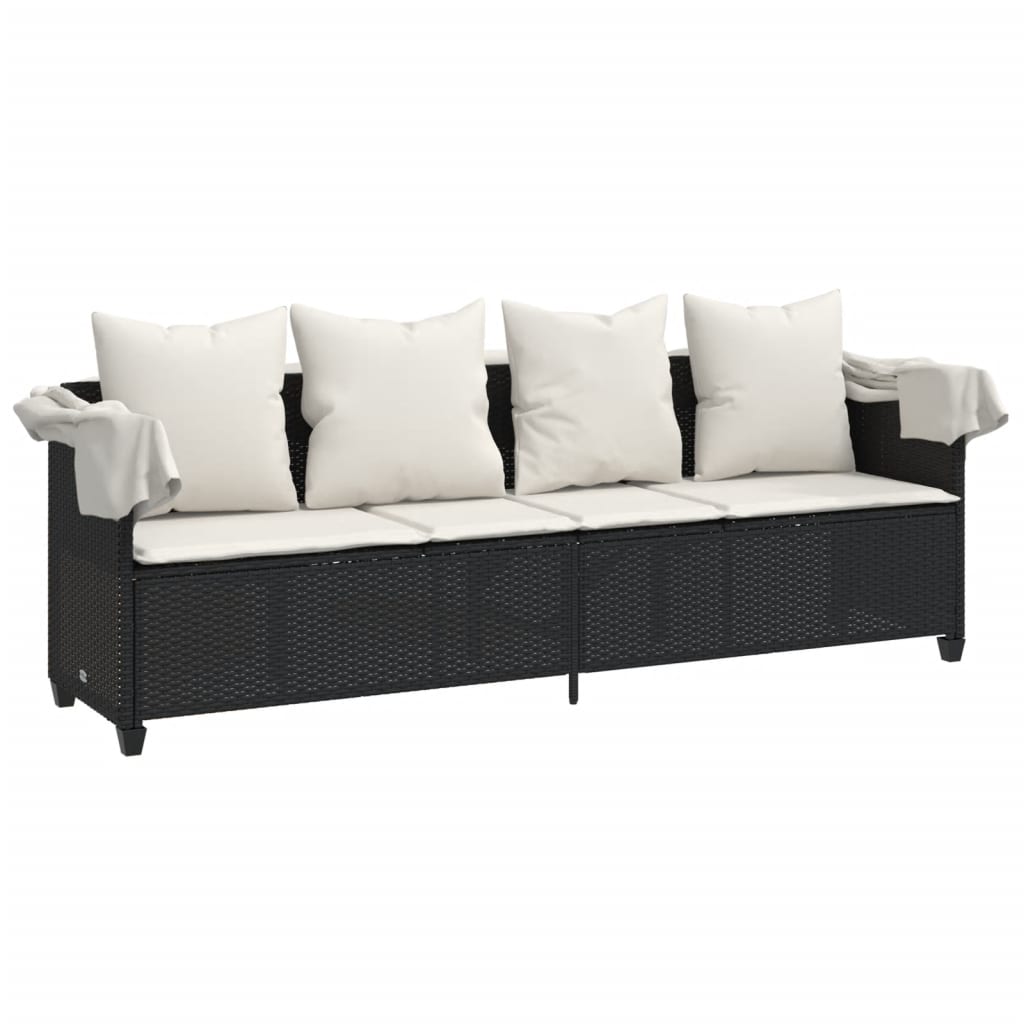 Chaise longue avec auvent et coussins noir résine tressée