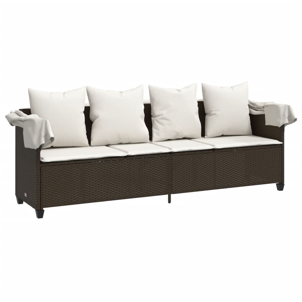 Chaise longue avec auvent et coussins marron résine tressée