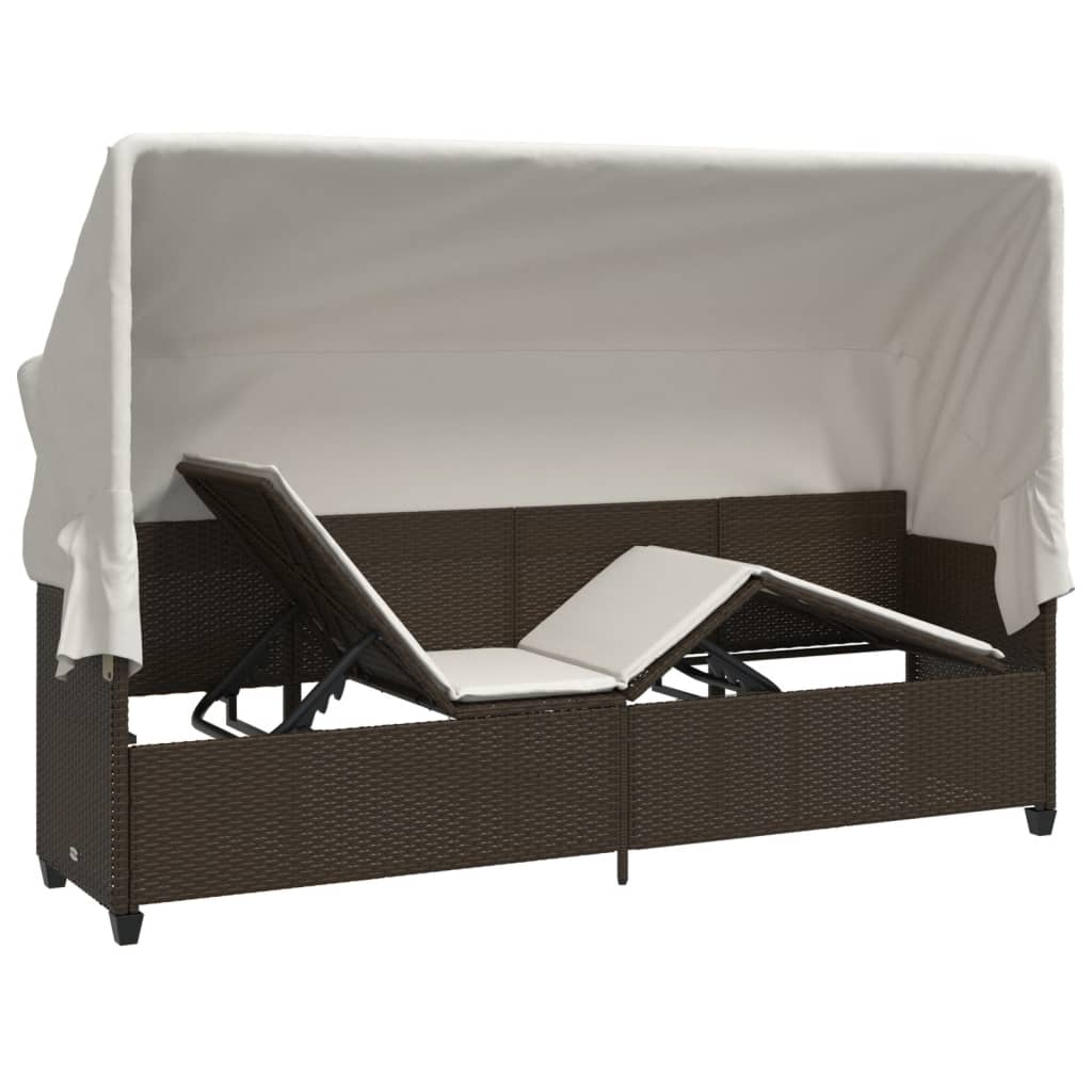 Chaise longue avec auvent et coussins marron résine tressée