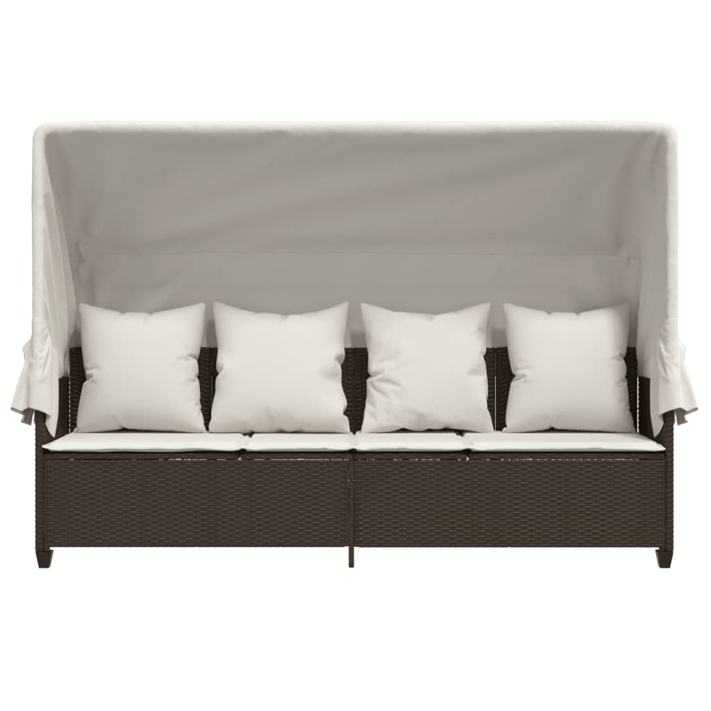 Chaise longue avec auvent et coussins marron résine tressée