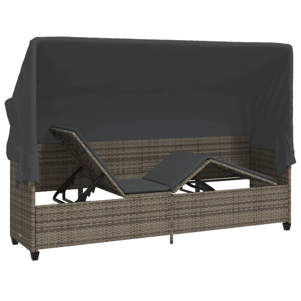 Chaise longue avec auvent et coussins gris résine tressée