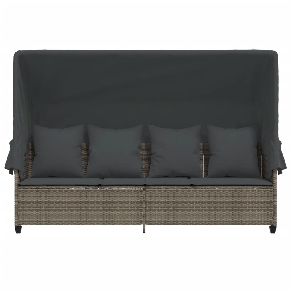 Chaise longue avec auvent et coussins gris résine tressée