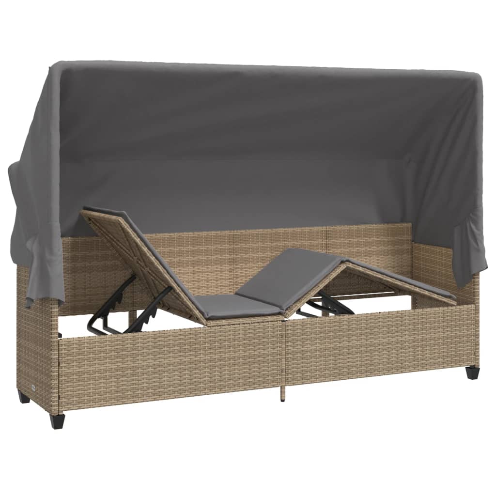Chaise longue avec auvent et coussins beige résine tressée
