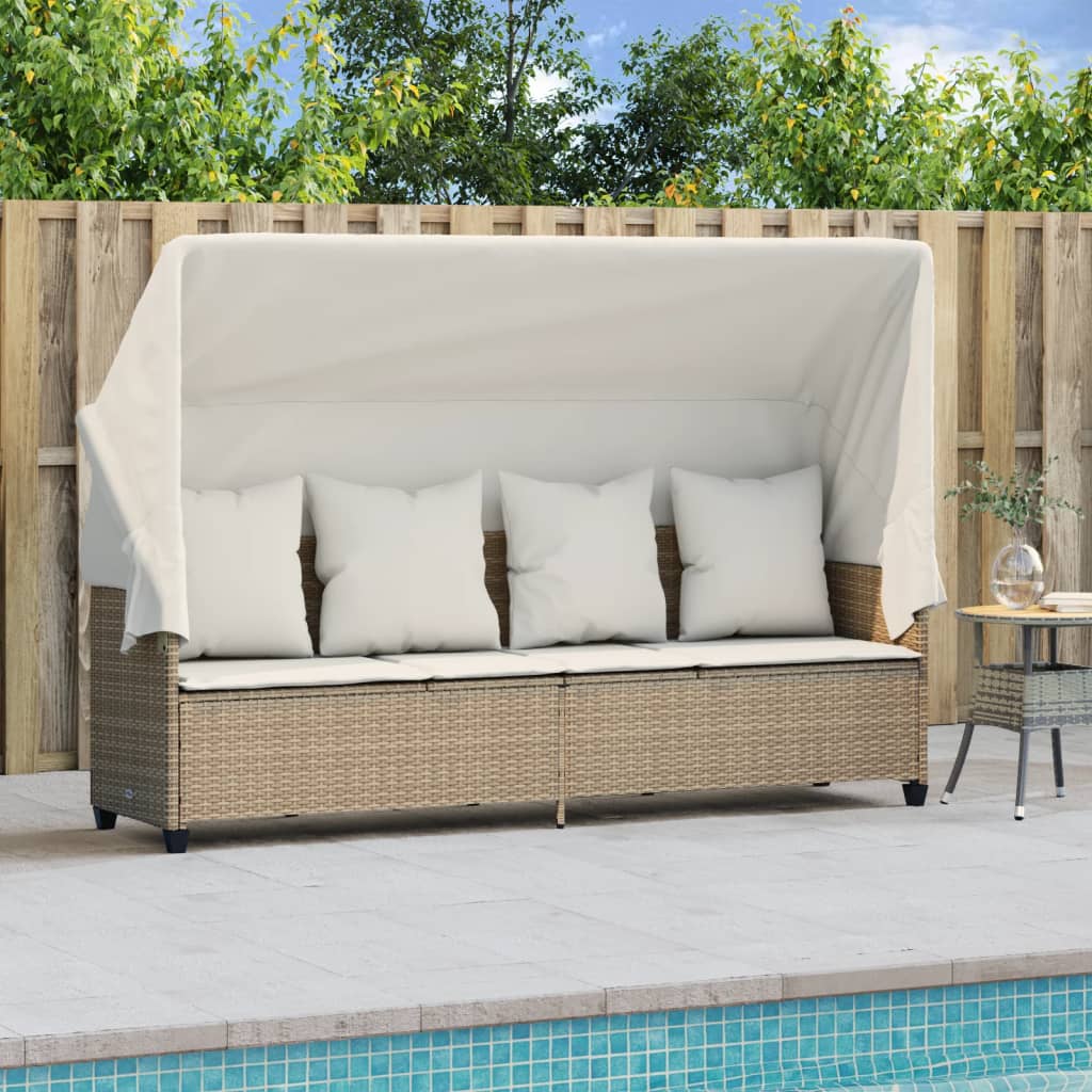 Chaise longue avec auvent et coussins beige résine tressée