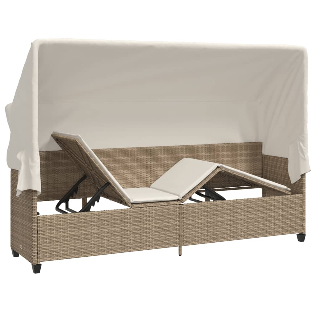 Chaise longue avec auvent et coussins beige résine tressée