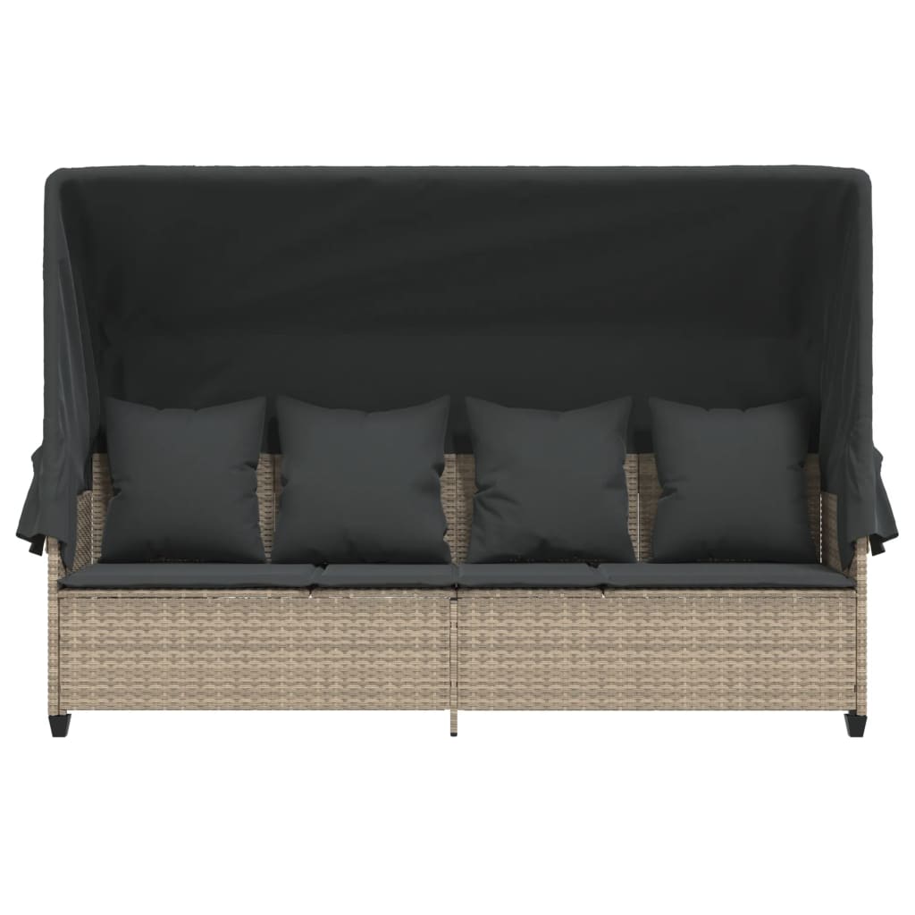Chaise longue avec auvent et coussins gris clair résine tressée