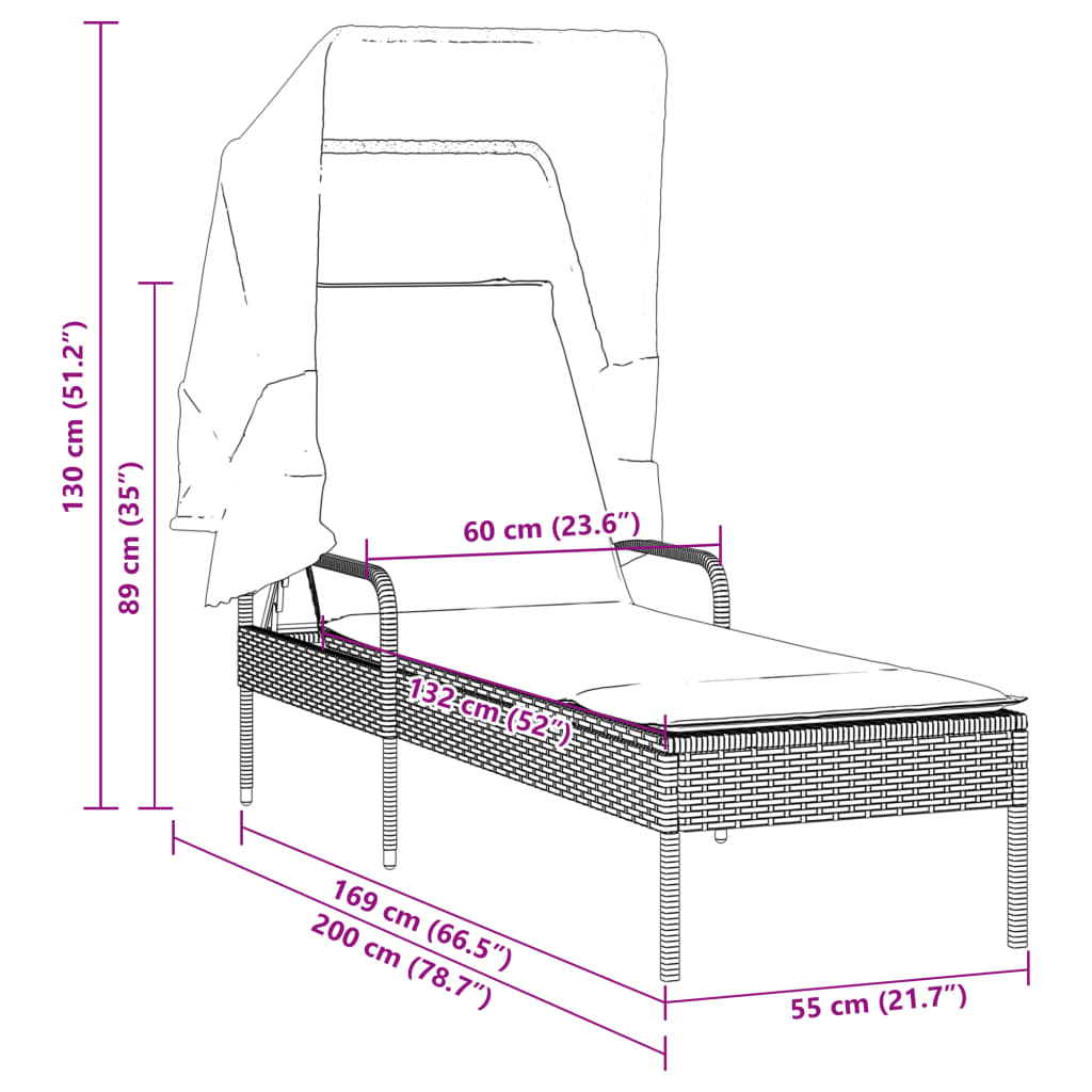 Chaise longue avec auvent marron résine tressée