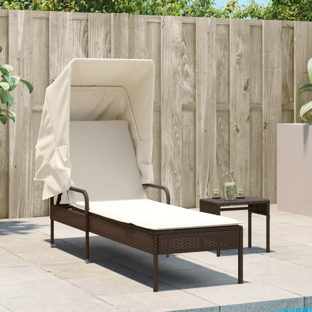 Chaise longue avec auvent et table marron résine tressée