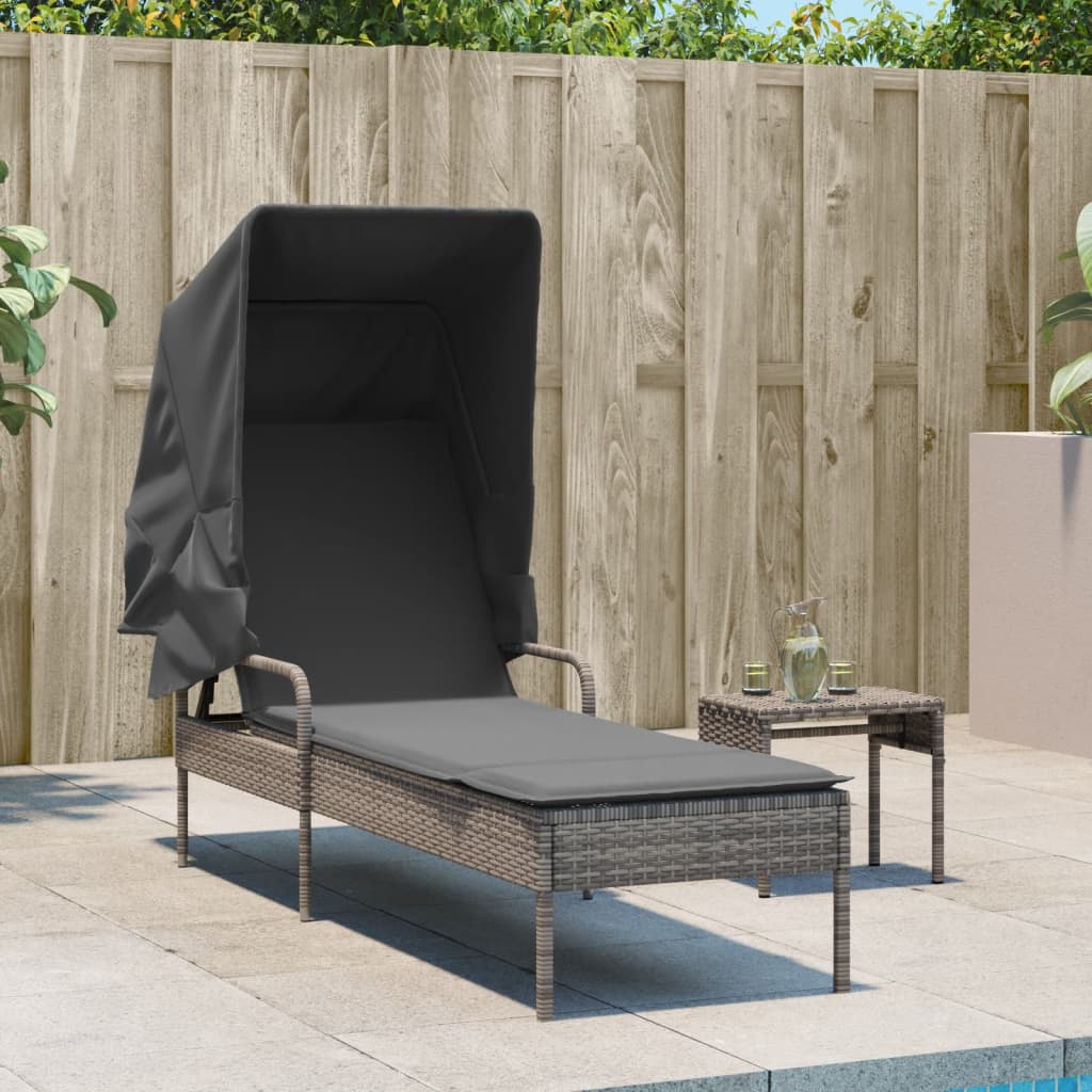 Chaise longue avec auvent et table gris résine tressée