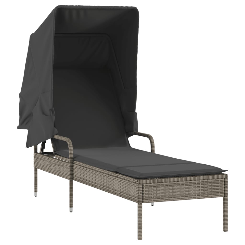 Chaise longue avec auvent et table gris résine tressée