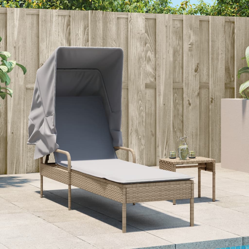 Chaise longue avec auvent et table beige résine tressée