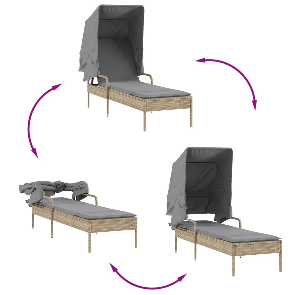 Chaise longue avec auvent et table beige résine tressée