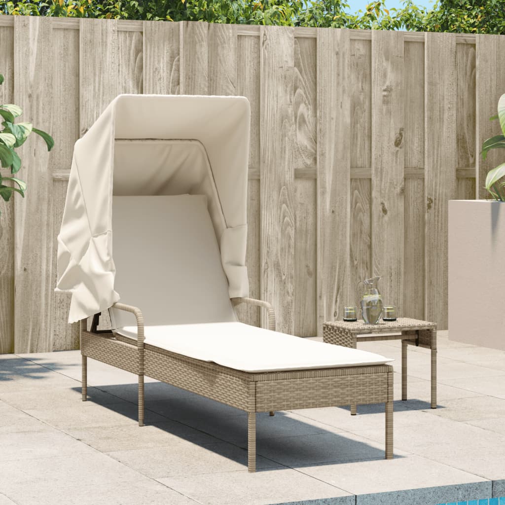 Chaise longue avec auvent et table beige résine tressée