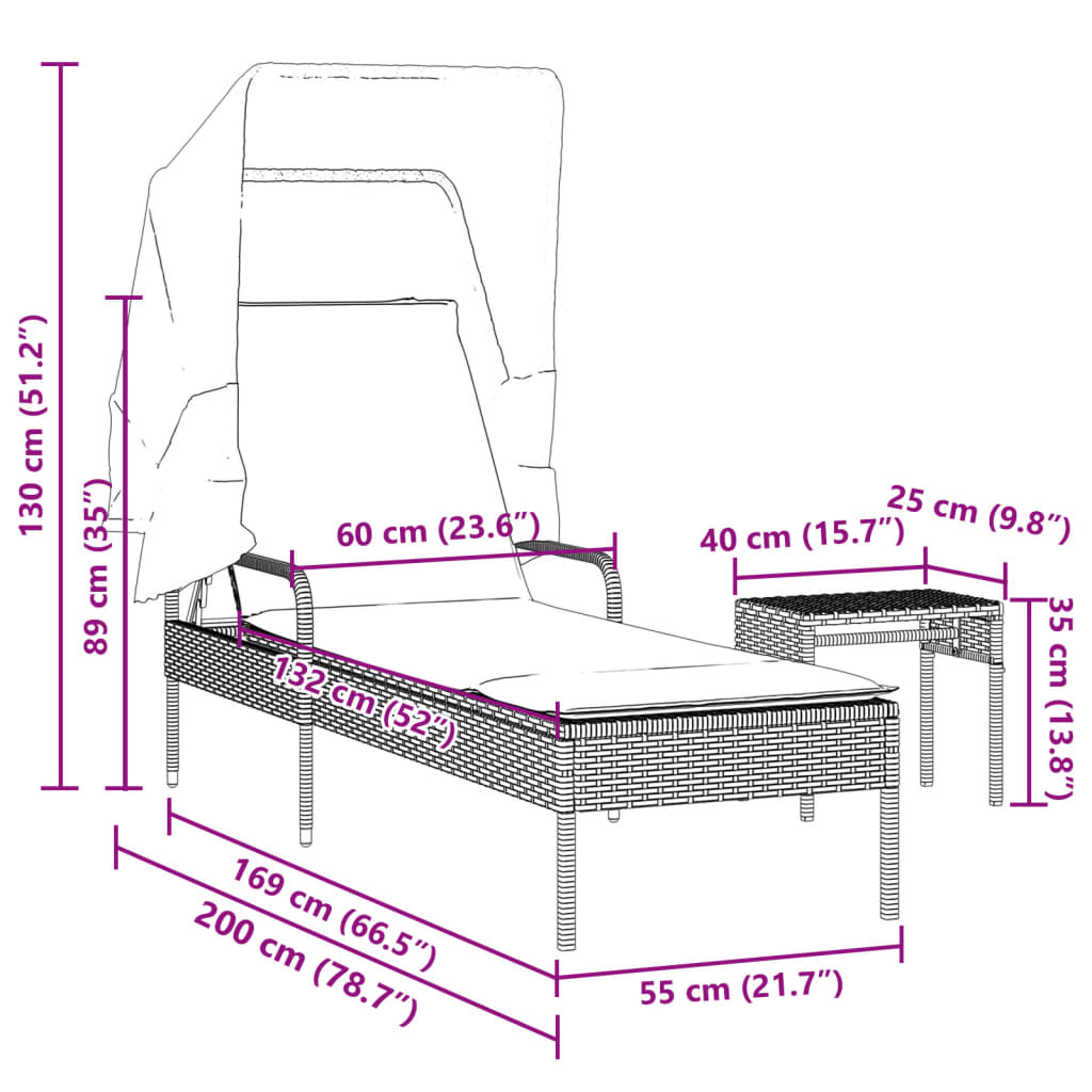 Chaise longue avec auvent et table beige résine tressée