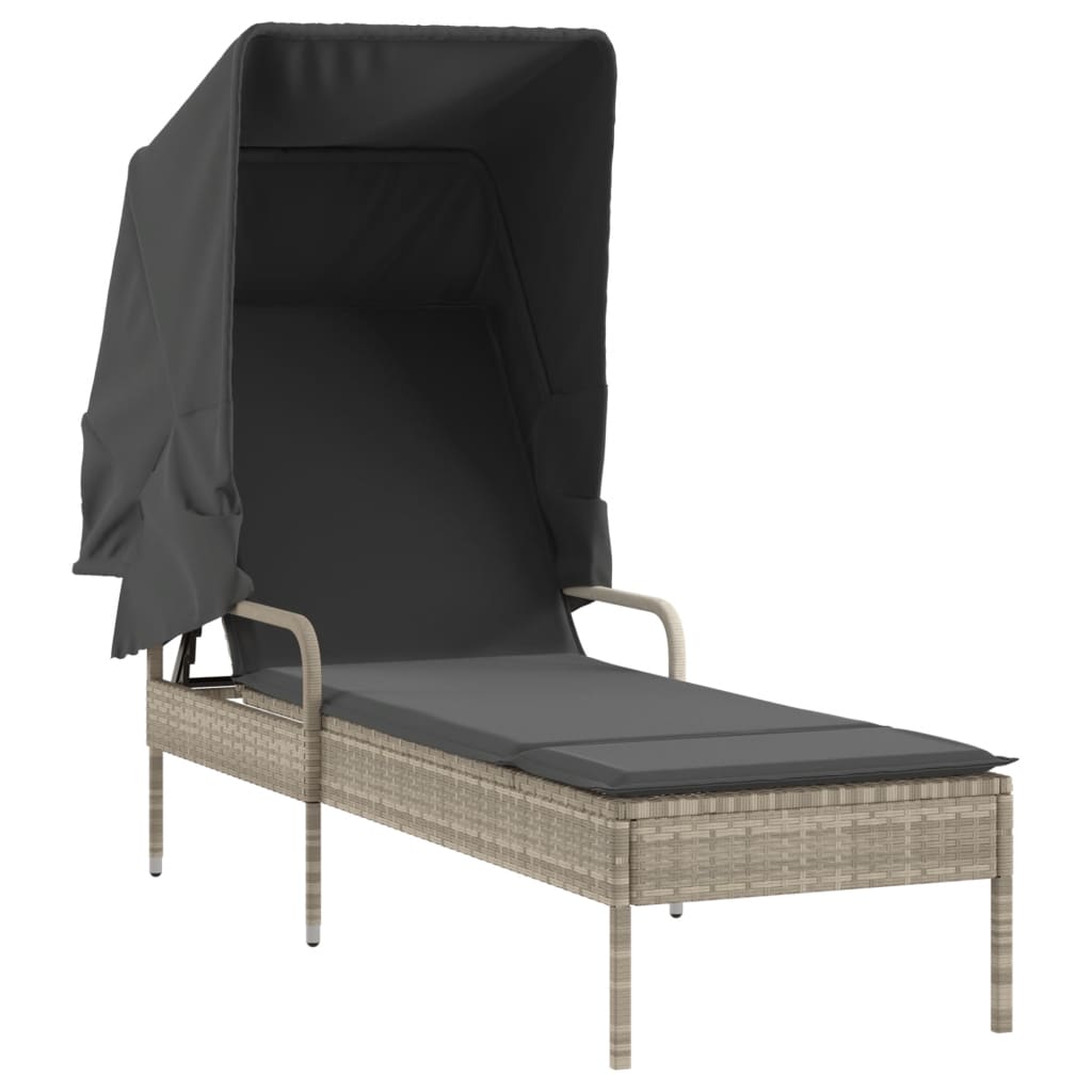 Chaise longue avec auvent et table gris clair résine tressée