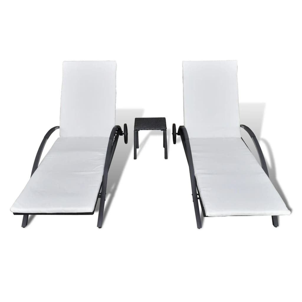 Chaises longues avec table Résine tressée Noir
