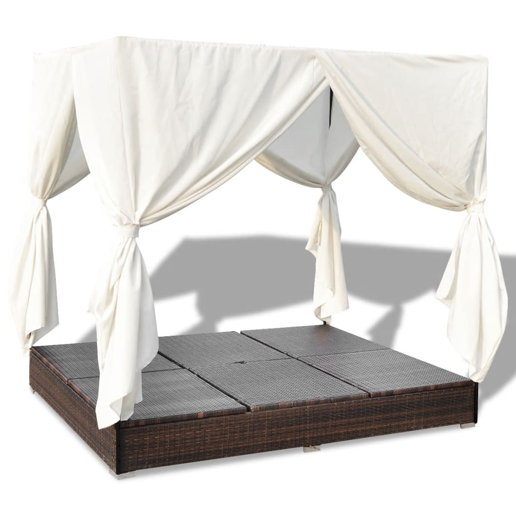 Chaise longue d'extérieur avec rideaux Résine tressée Marron