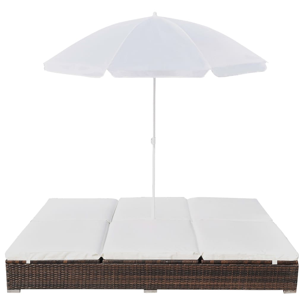 Chaise longue d'extérieur avec parasol Résine tressée Marron