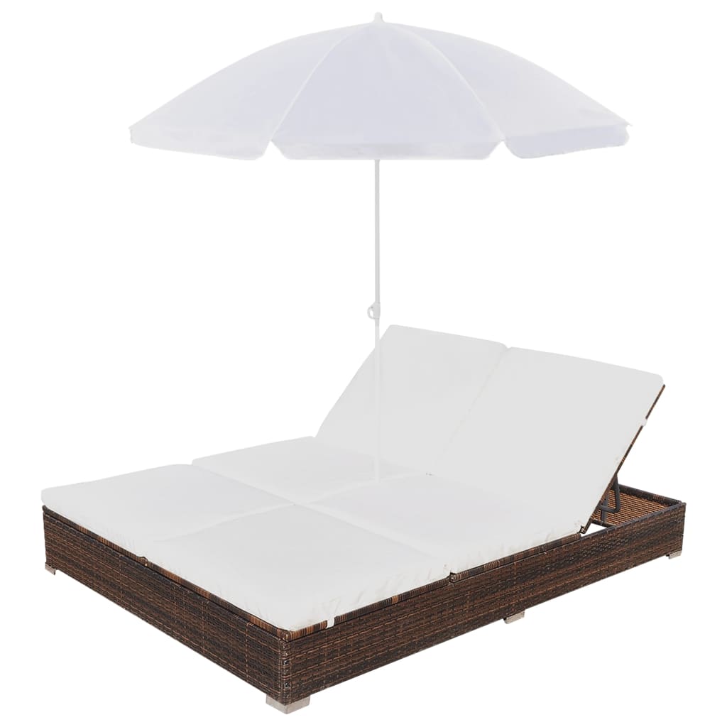 Chaise longue d'extérieur avec parasol Résine tressée Marron