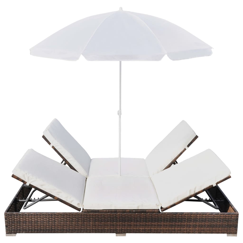 Chaise longue d'extérieur avec parasol Résine tressée Marron