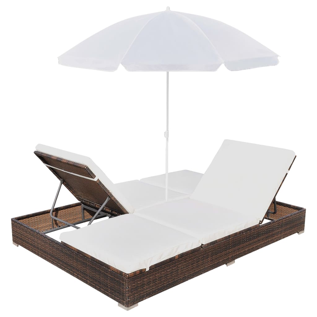 Chaise longue d'extérieur avec parasol Résine tressée Marron