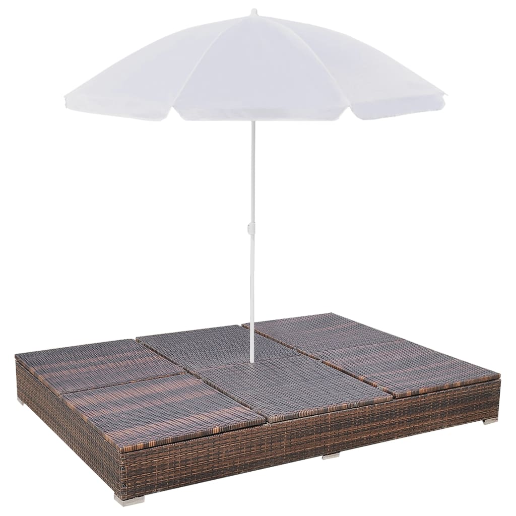 Chaise longue d'extérieur avec parasol Résine tressée Marron