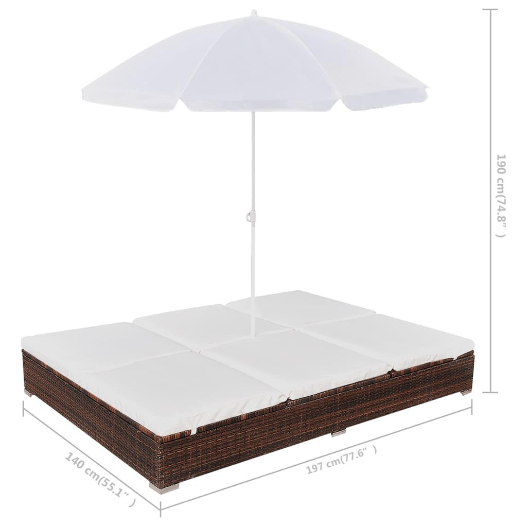Chaise longue d'extérieur avec parasol Résine tressée Marron