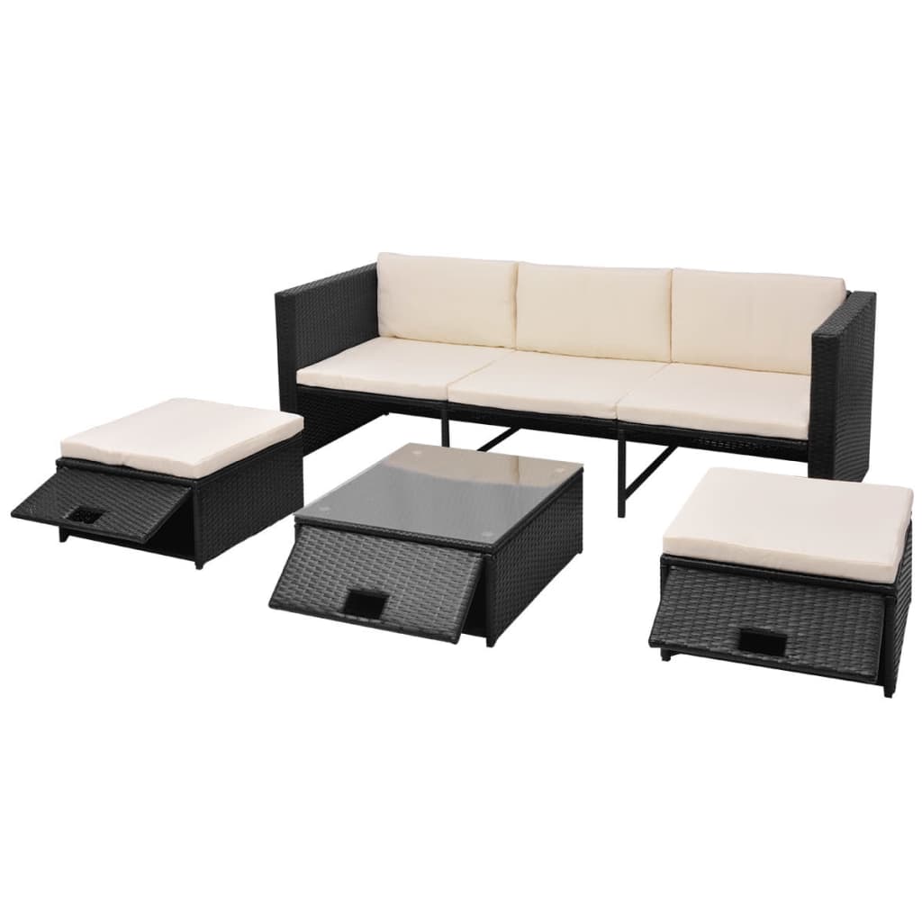 Salon de jardin 4 pcs avec coussins Résine tressée Noir