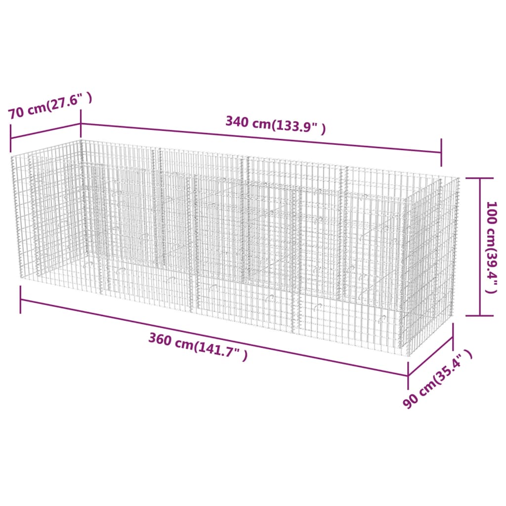 Lit surélevé à gabion Acier 360x90x100 cm