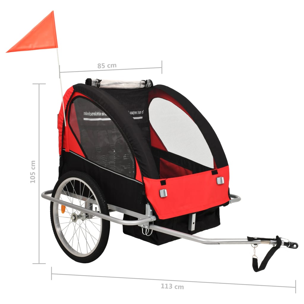 Remorque à vélo et poussette pour enfants 2-en-1 Rouge et noir
