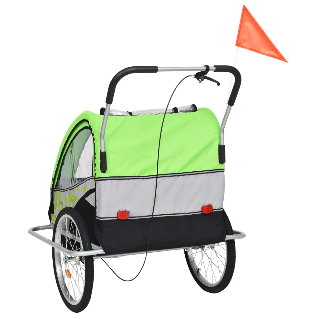 Remorque à vélo et poussette pour enfants 2-en-1 Vert et gris