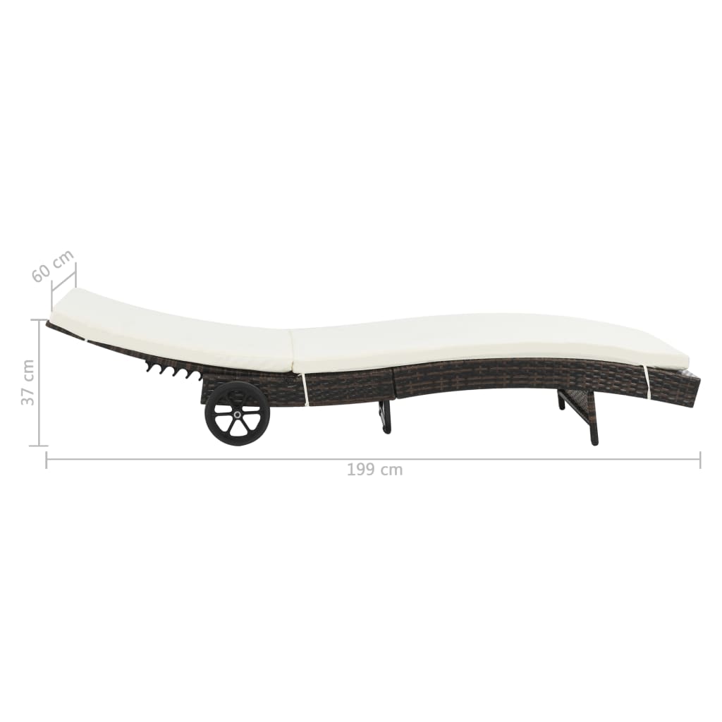 Chaise longue avec roues et coussin Résine tressée Marron