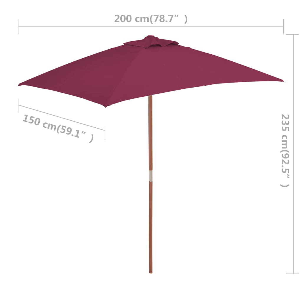 Parasol avec mât en bois 150 x 200 cm Bordeaux